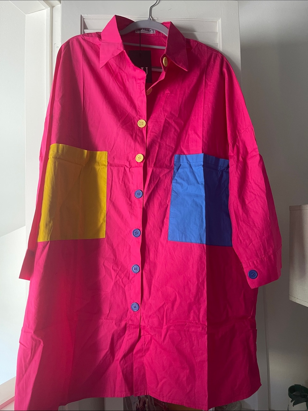 Bright Pink Button-Front oversized polo with Yellow & Blue Pockets